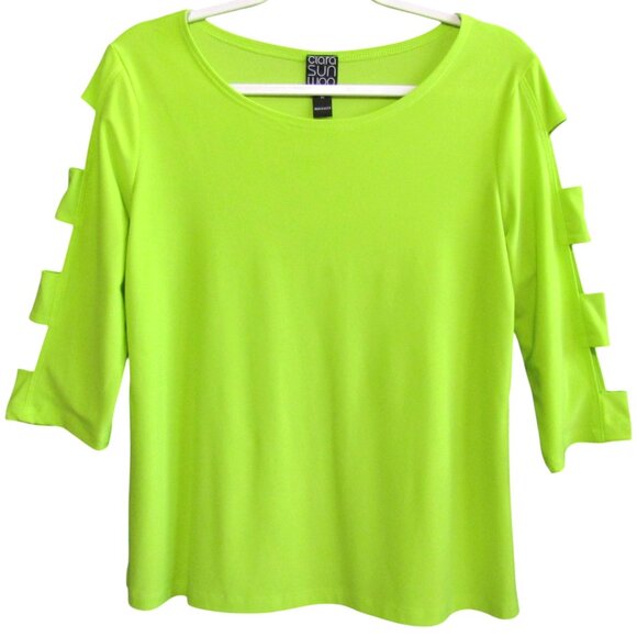 Clara Sun Woo Neon Yellow Top Size M Stretch Knit Cutout 3/4 Sleeve Pullover - Picture 1 of 8